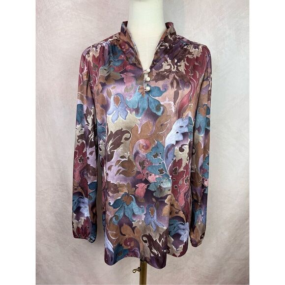 Vintage 90s Dark Tone Floral Blouse Top - Picture 1 of 5